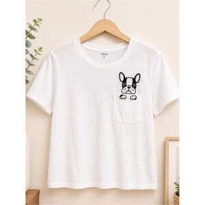 Messy Bun Just Chillin‎ White T-Shirt French Bull Dog Graphic Small